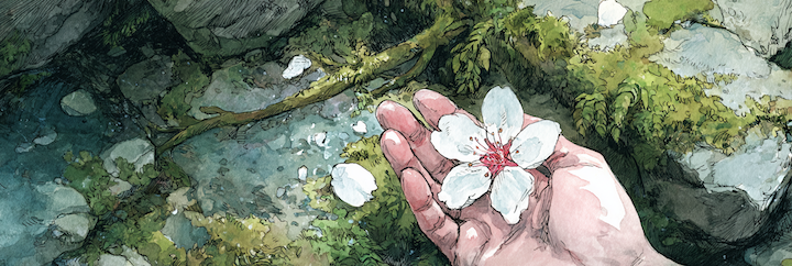 Watercolor of a hand holding a cherry blossom against wet stone and moss