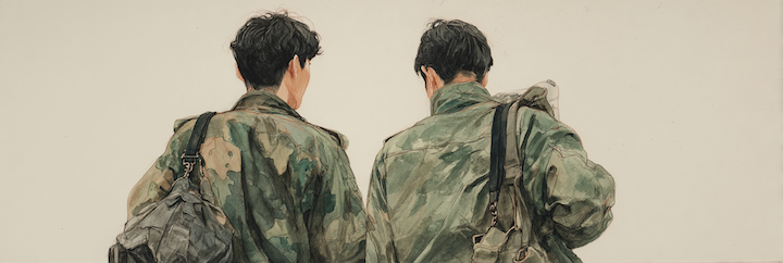 View of two young men in military uniforms among the crowd