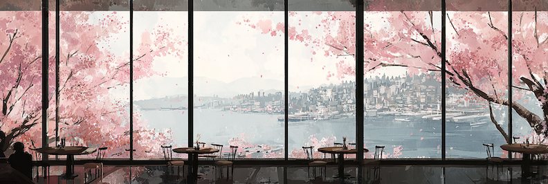 Watercolor view of Haeundae Bay from On the Hill Cafe, Busan