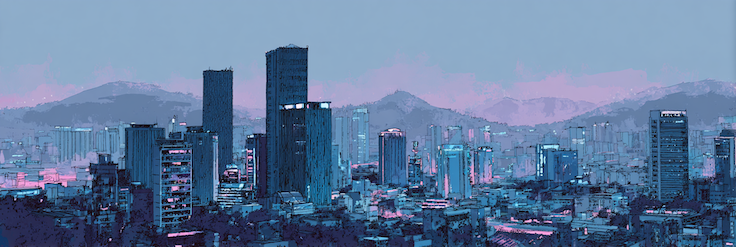 Watercolor and fine pen ink of Seoul at night, clinical cool light