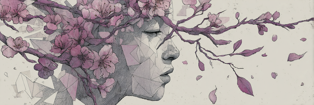 A face made of geometric fragments, cherry blossoms growing through it, petals falling away