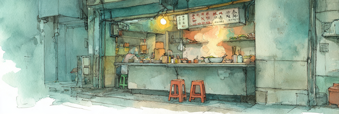 Watercolor of a Tainan beef soup stall at dawn, a figure working behind the counter under a single bulb, red plastic stools