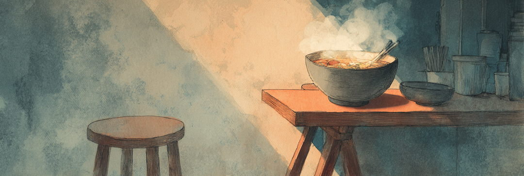 Watercolor of a steaming bowl of beef soup on a wooden table, empty stool, predawn light